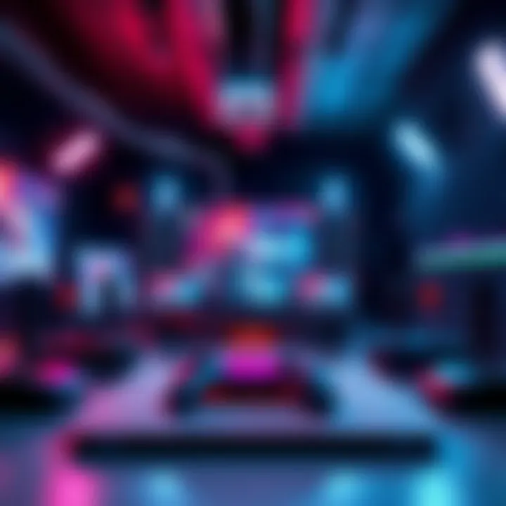 Future of Gaming Concepts A futuristic gaming setup with advanced technology, showcasing innovative game controllers and virtual reality space.