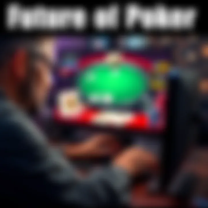 A person playing poker online with a focused expression, showcasing a virtual poker table on their computer screen, surrounded by cards and chips.