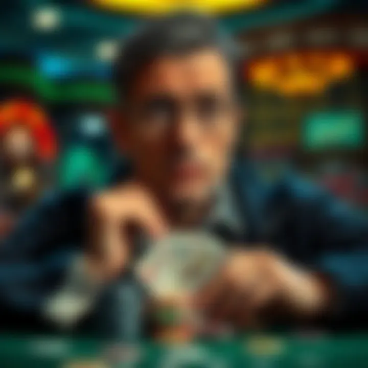 A concerned gambler looks for advice on overcoming a $30,000 loss, surrounded by casino chips and cards.