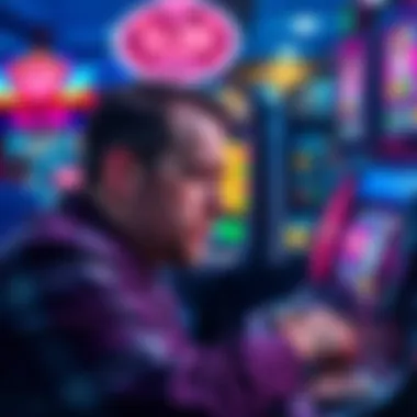 A gambler looks distressed at a slot machine after losing money, with a screen displaying a small win and coins scattered around.