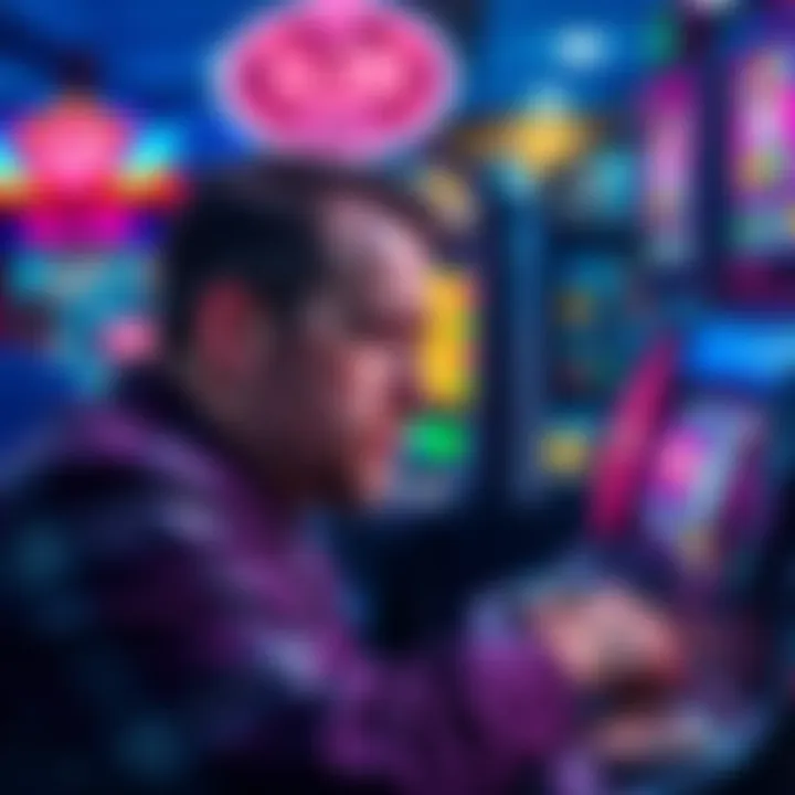 A gambler looks distressed at a slot machine after losing money, with a screen displaying a small win and coins scattered around.