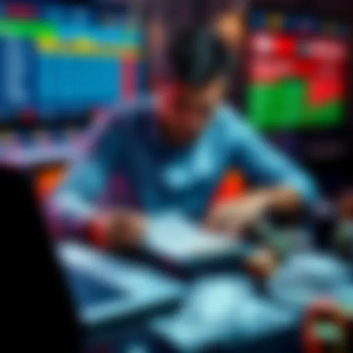 Gambler with Betting Strategy A person analyzing betting odds and writing down strategies at a table with sports betting tickets and a laptop, hoping to turn 18 dollars into a larger amount.