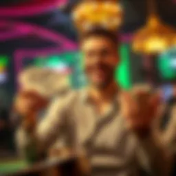 A joyful gambler with a smile holding cash in one hand and chips in the other, reflecting a moment of triumph after a risky game.