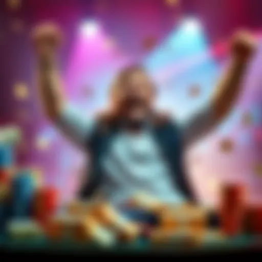 A joyful gambler with arms raised, celebrating after winning a large amount of money, surrounded by colorful betting slips and a cash prize.