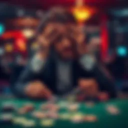 A gambler sitting at a table with a sad expression, holding their head in their hands with cards and chips scattered around them, showing the emotional impact of losing