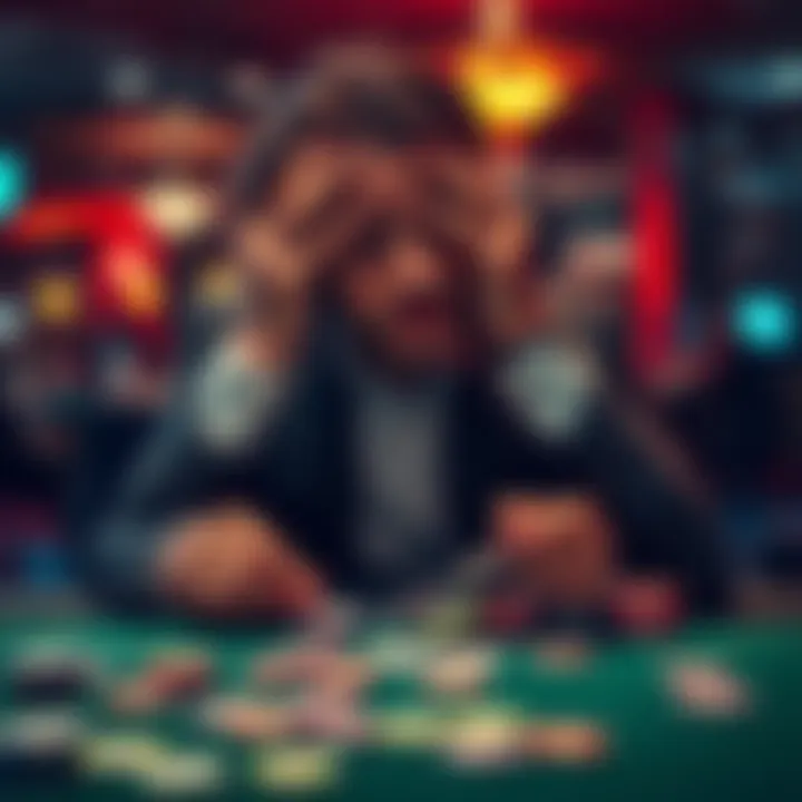 A gambler sitting at a table with a sad expression, holding their head in their hands with cards and chips scattered around them, showing the emotional impact of losing