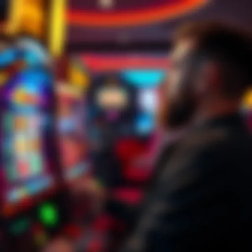 A gambler looks at a slot machine with anticipation, hoping for a win with a small bet. The atmosphere is filled with excitement.