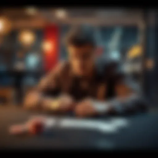 Gambler Reflecting on His Life A 34-year-old man sits alone at a table, looking pensive with a deck of cards in front of him, symbolizing his struggle with gambling addiction.