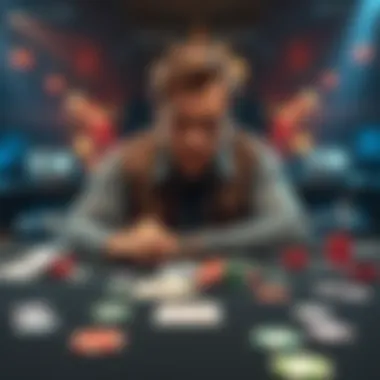 A person sitting at a poker table with a thoughtful expression, contemplating their recent loss of money, surrounded by playing cards and chips.