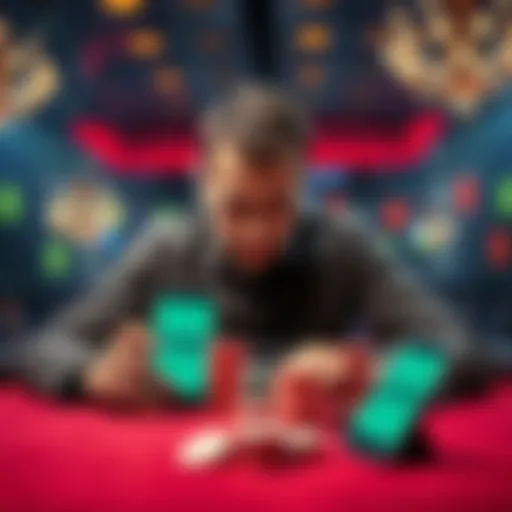 A man sitting at a gambling table looking disappointed, with empty chips and a phone displaying a $10 free bet offer