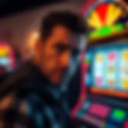 A gambler looks worried while standing in front of a slot machine, symbolizing the struggle with addiction and desire to win.