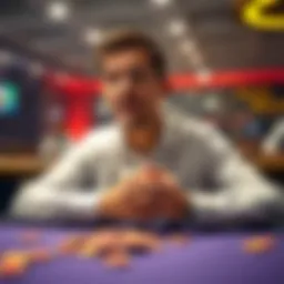 Gambler at a table with chips A gambler sitting at a gaming table, looking hopeful while holding a stack of chips, showing emotions of excitement and anxiety during a game.