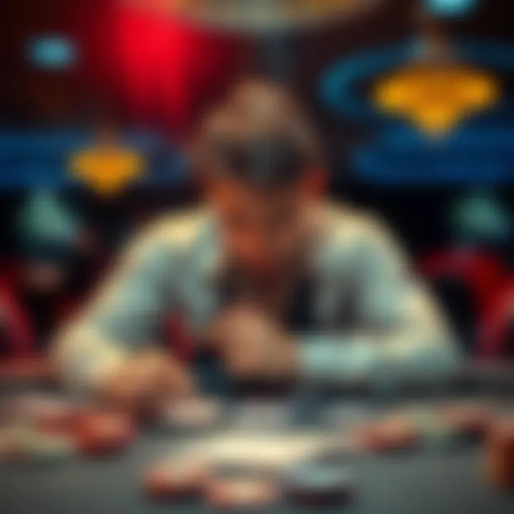 A focused player at a gambling table surrounded by chips and cards, looking disappointed after losing money