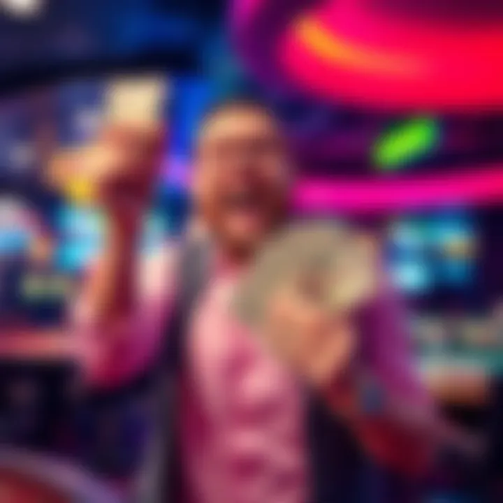 A joyful gambler holding cash after winning at a casino, symbolizing a decision to quit gambling after a big win