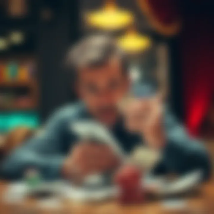 A worried man looking at bills and credit cards on a table, representing gambling debts and financial struggles.