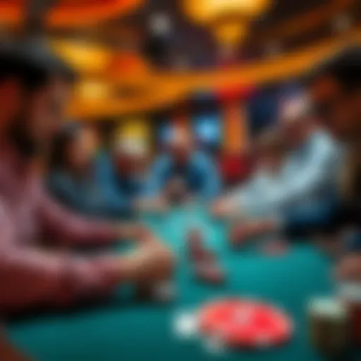 A group of people playing cards at a casino table, focused on their hands and chips.