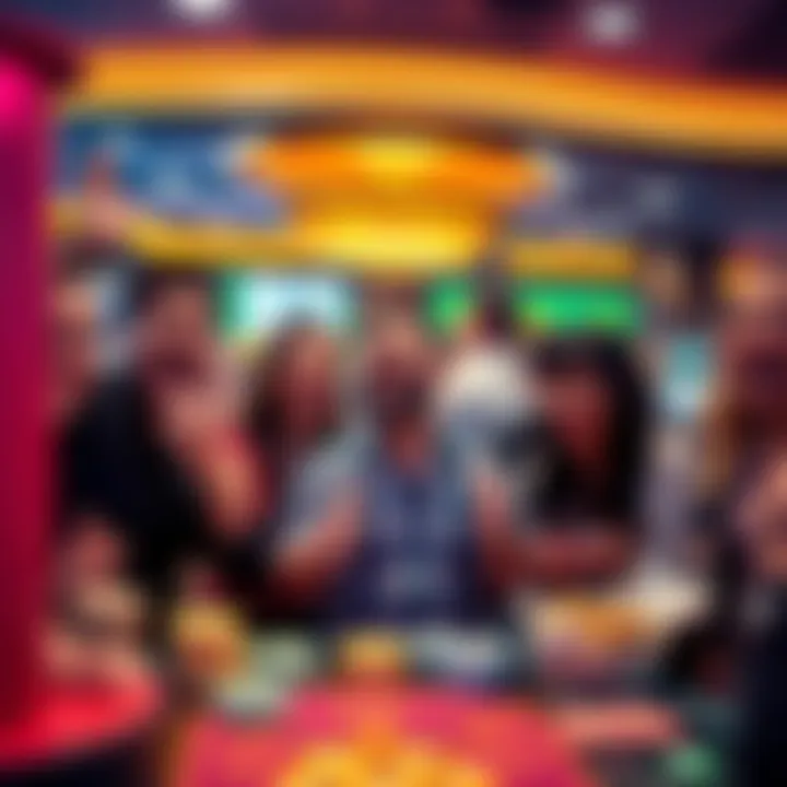 Group of excited gamblers smiling and celebrating after unexpected wins at a casino