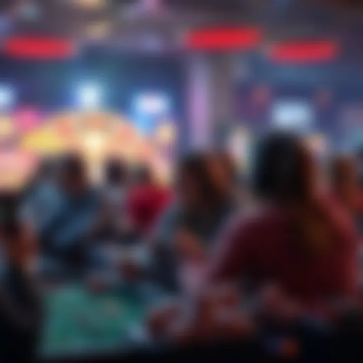 A group of people engaged in playing indie games themed around gambling, surrounded by game controllers and visual elements reminiscent of casino games.