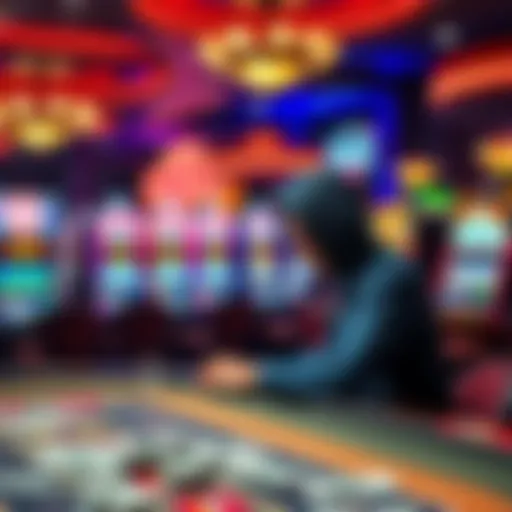 A person sitting at a casino table weighing options between betting on a game and cashing out money, with vibrant slot machines in the background.