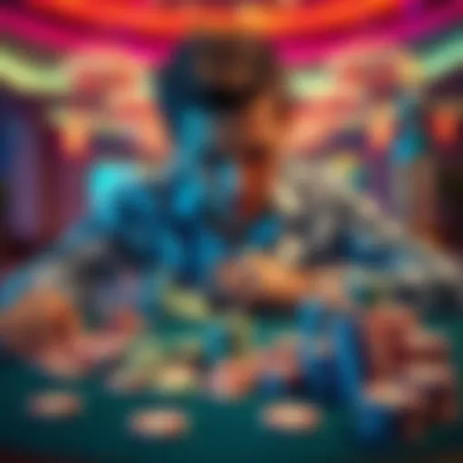 A person sitting at a casino table with a look of disappointment, surrounded by losing chips and a few winning ones, symbolizing the mixed emotions of gambling.