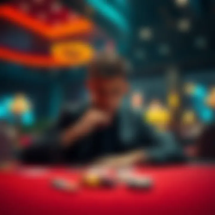 Gambling Decision A person sits at a casino table contemplating whether to continue playing or cash out, with chips and cards in front of them.