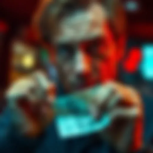 A person tearing up a lottery ticket while looking determined to stop gambling.