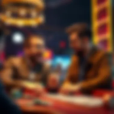 Gambling-Gary helping a friend A man named Gambling-Gary guiding another man excitedly during a gambling night, sharing tips and strategies.