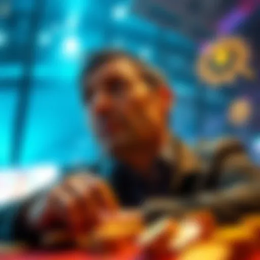 A gambler reflecting on their journey from a small bet to a large win, faced with a choice of continuing or stopping, showing a mix of excitement and contemplation.