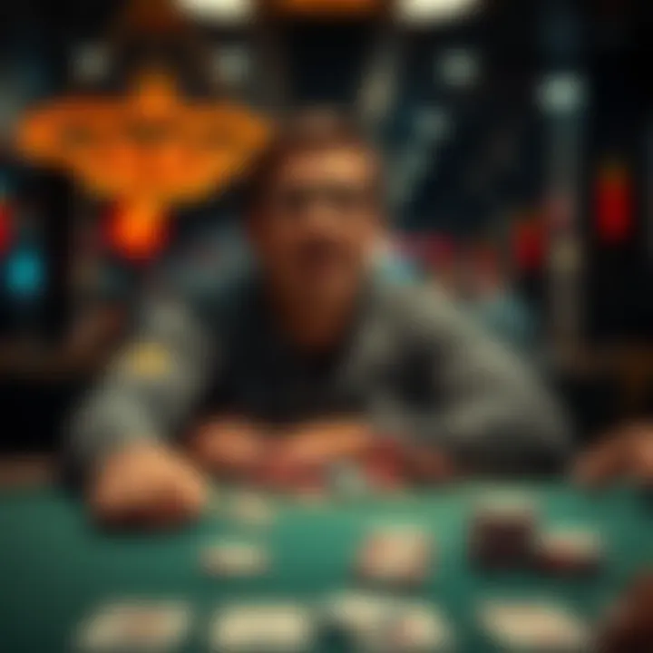 A person sitting at a poker table, looking conflicted between excitement and despair, with poker chips scattered around.