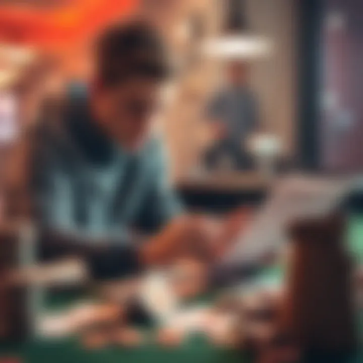 A young person sitting at a table looking stressed while counting playing chips and paperwork, symbolizing gambling losses and the struggle to stop betting