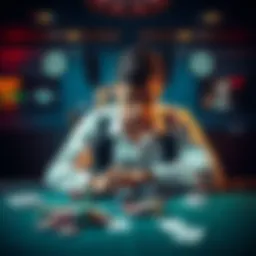 A concerned person sitting at a gambling table with a mix of chips and cards, pondering the risks of addiction.
