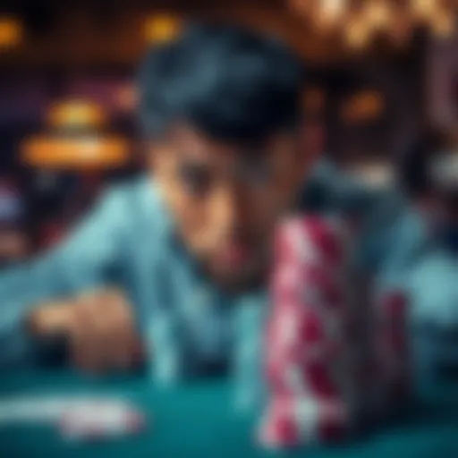 A person looking worried while playing a card game, with chips stacked high before them, symbolizing the risk of gambling.