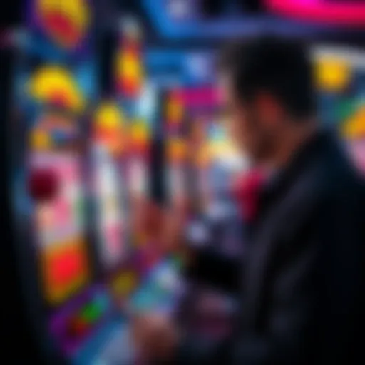 A person analyzing a slot machine with low payout rates, considering strategies and chances for winning.