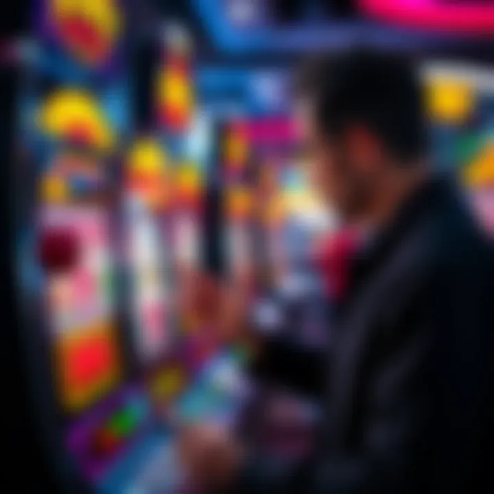Gambling strategies for low payouts A person analyzing a slot machine with low payout rates, considering strategies and chances for winning.