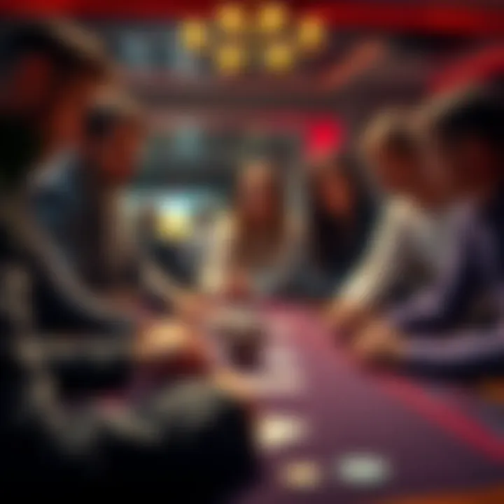 A group of people discussing gambling strategies over a table with cards and chips