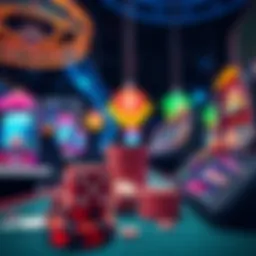 A modern casino scene showcasing various gaming options like dice, cards, and digital slots, representing the future of gambling in 2025.