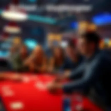 Group of friends sitting at a casino table with drinks and playing cards, music playing in the background