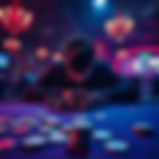 A person sitting alone at a casino table, looking distressed while stacks of chips are scattered around them, symbolizing the struggle with gambling addiction.