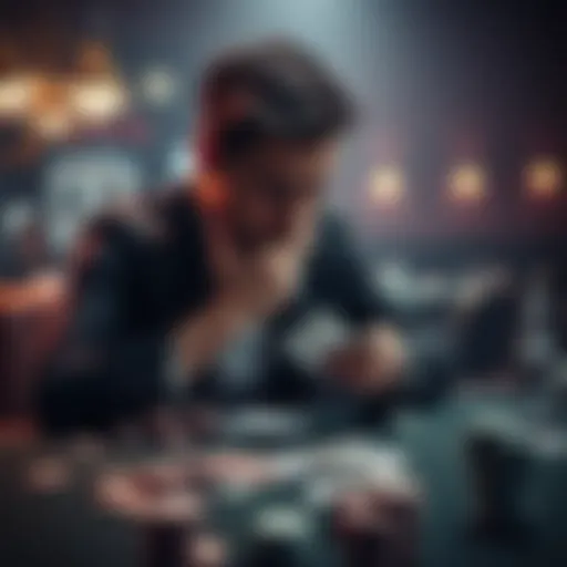 A person sitting alone at a gambling table, looking stressed and contemplative with cards in hand and chips scattered around them.