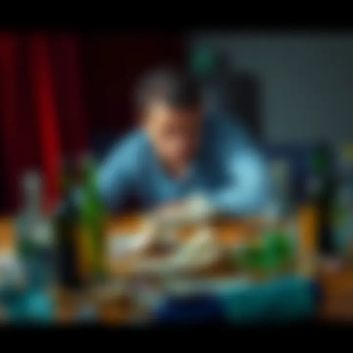 A distressed individual sits at a table surrounded by bills and empty bottles, symbolizing the burden of debt and addiction.