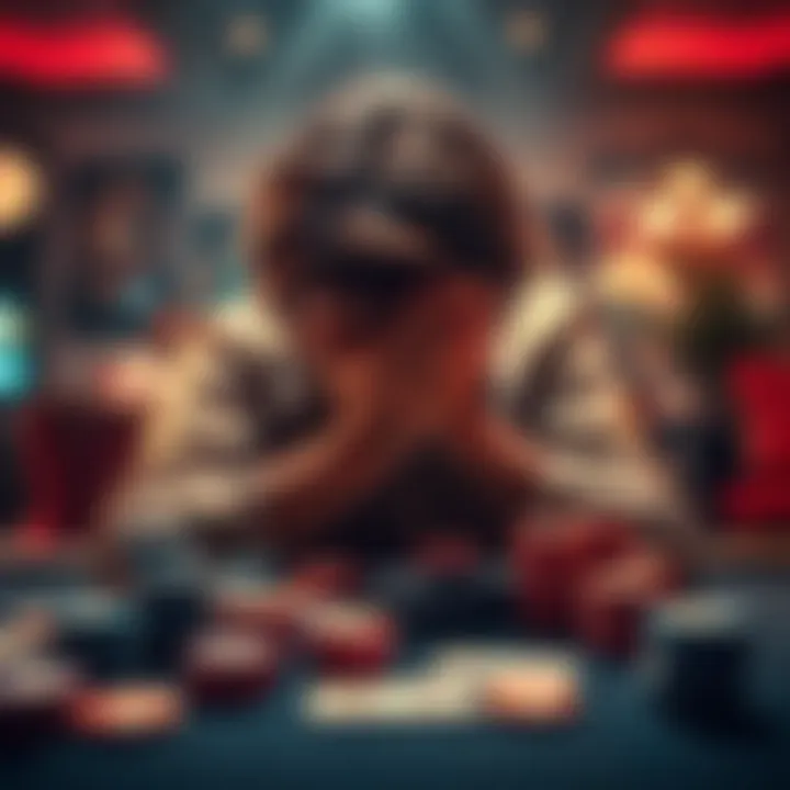 A person sitting at a table, burying their face in their hands, surrounded by gambling chips and cards, showing signs of distress