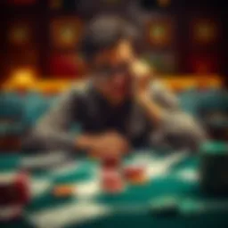 A worried person sitting at a table with gambling chips and cards scattered around, showing signs of distress and contemplation.
