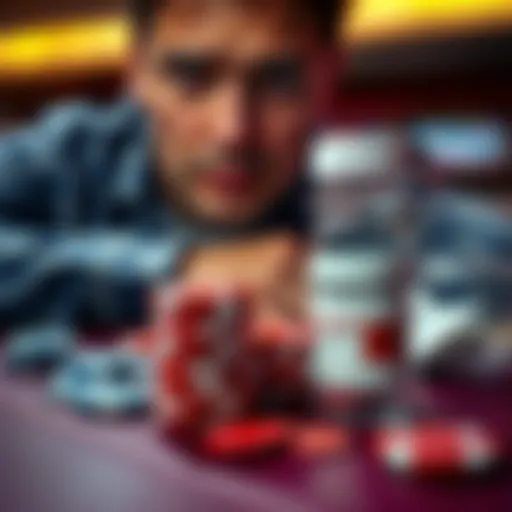 A concerned person looking at gambling chips and a prescription bottle of Brexpiprazole on a table, symbolizing the link between medication and gambling addiction.