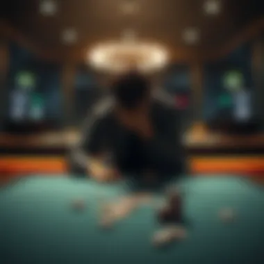 A person sitting alone at a table with a few scattered gambling chips, looking distressed and lost in thought