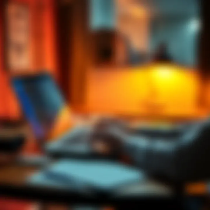 A person at a desk using a laptop for an online program on gambling addiction recovery, with notes and a cup of coffee nearby.