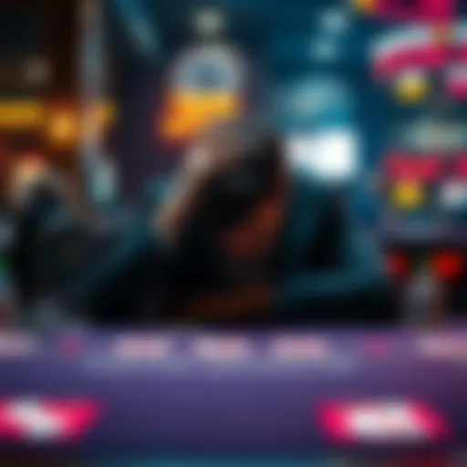 A man sits alone at a gambling table, head in hands, reflecting on his struggle with addiction and loss.