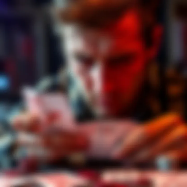 A concerned person looking at a deck of playing cards, showing signs of stress and anxiety, symbolizing the struggle with gambling addiction.