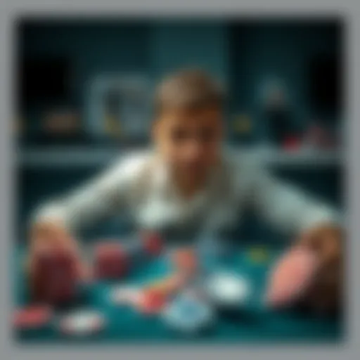 A person sitting at a table looking distressed with gambling chips scattered around, representing the challenges of overcoming gambling addiction.