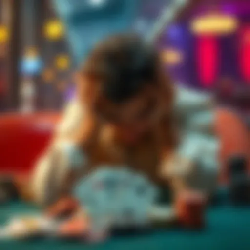 A person sits with their head in their hands, surrounded by playing cards and casino chips, looking distressed and seeking help.