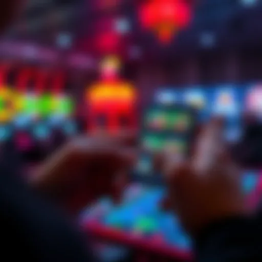 A person using a smartphone showing a gambling app interface with various games and betting options displayed.